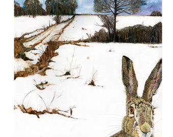 Hare in Winter Landscape Archival Giclee print 8'x11'