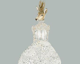 Deer in Web lace wedding  dress 8x11 Giclee print