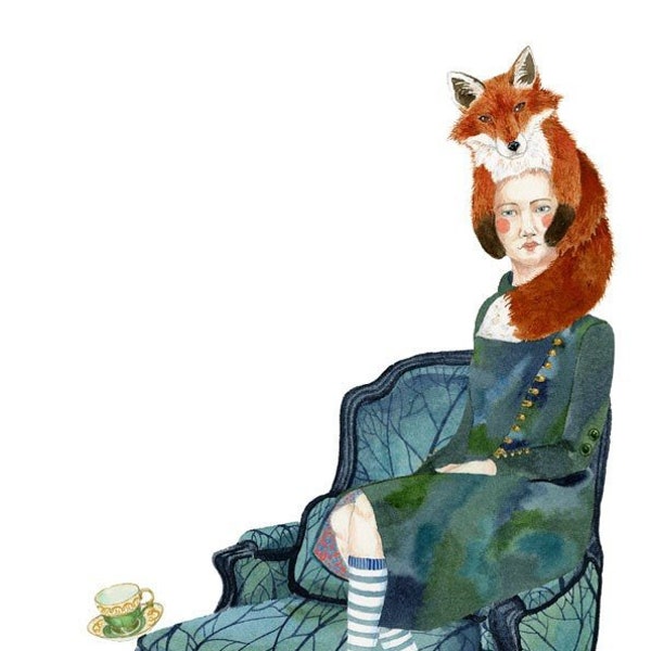 Fox Print Fox Hat Women perching on Armchair illustration 8x11