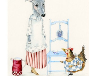 Print Dog Kitchen Maid and Chicken Cook illustration