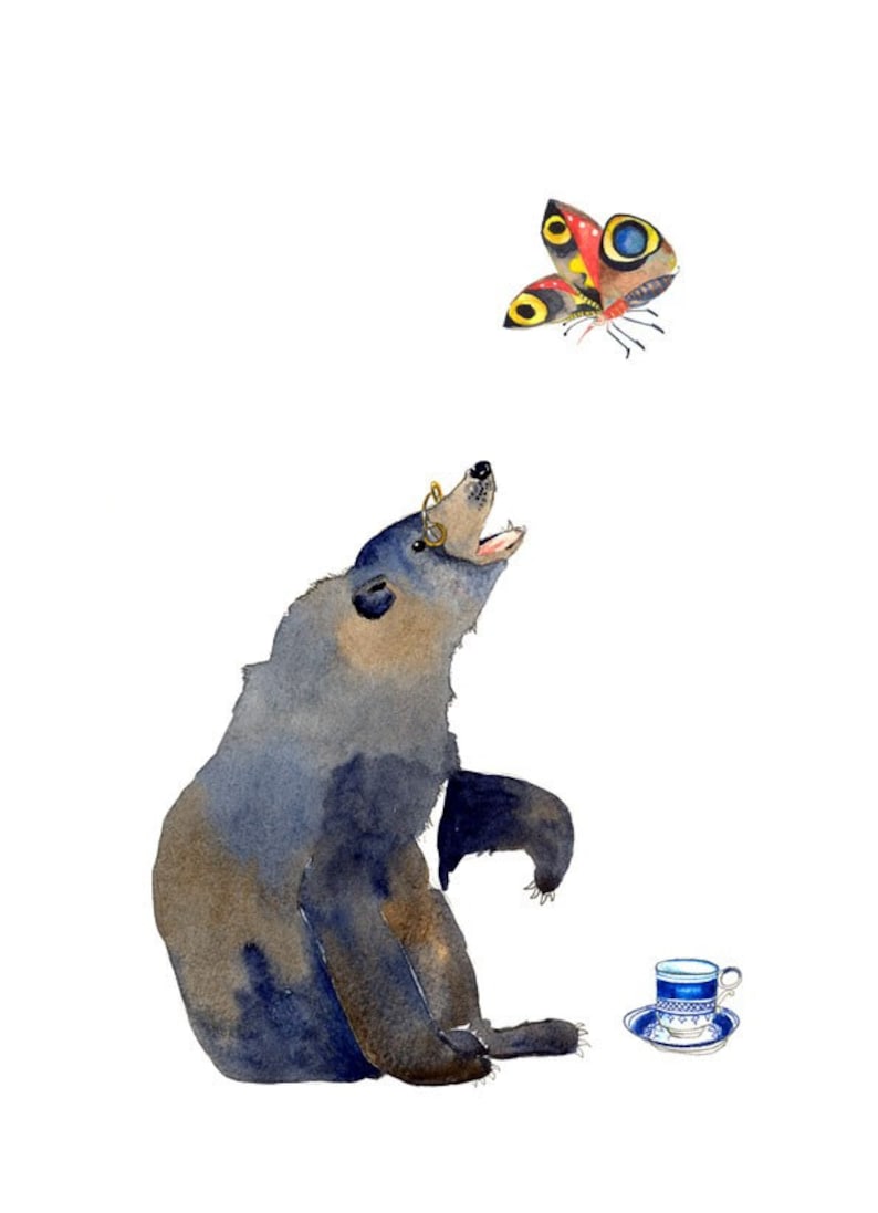 Bear illustration Print Bear and Butterfly Giclee Art print illustration 8x11 image 1