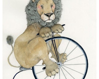 Lion Print Giclee print Lion on a Penny Farthing 8x11