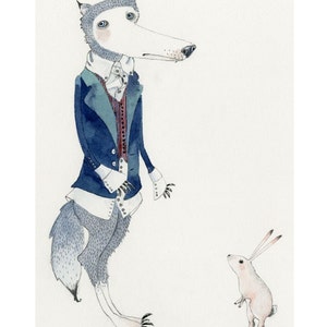 Wolf Print Wolf and bunny Rabbit Giclee art print illustration 8x11