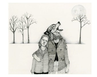 Bleistiftzeichnung Druck Mädchen mit Werwolf 8 x 11