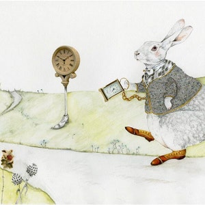Rabbit Print White Rabbit with Time piece 8x11 illustration
