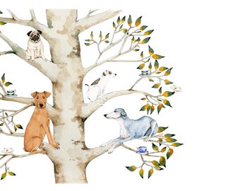 Hund Druck Giclée Druck Hunde in Baum mit Teetassen 8 x 11 Illustration