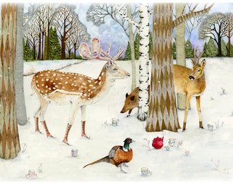 Winter Woodland Animal print Giclee 8"x11" Deer, Pheasant, Trees and Wild Boar tea party