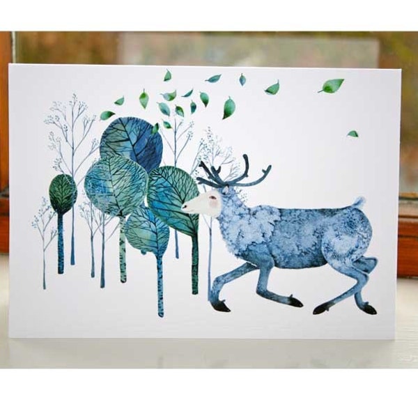Greeting Card with Reindeer runs in wood illustration