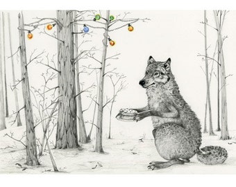 Wolf in the woods with a Birthday Cake Giclee print 8x11 art print