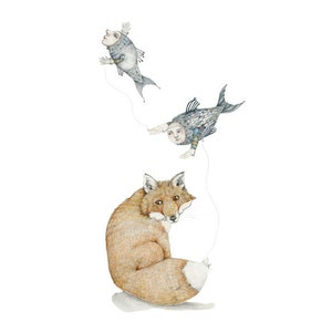 Art Fox Print Fox with Fish Balloons 8x11 illustration print home decor image 1