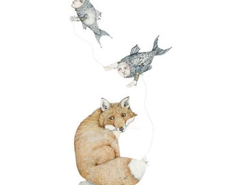 Art Fox Print Fox with Fish Balloons 8x11 illustration print home decor