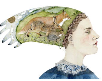 Woodland Animal Head-dress print Giclee print of Fox, Hare, Pine Martin and Hedgehog on head-dress