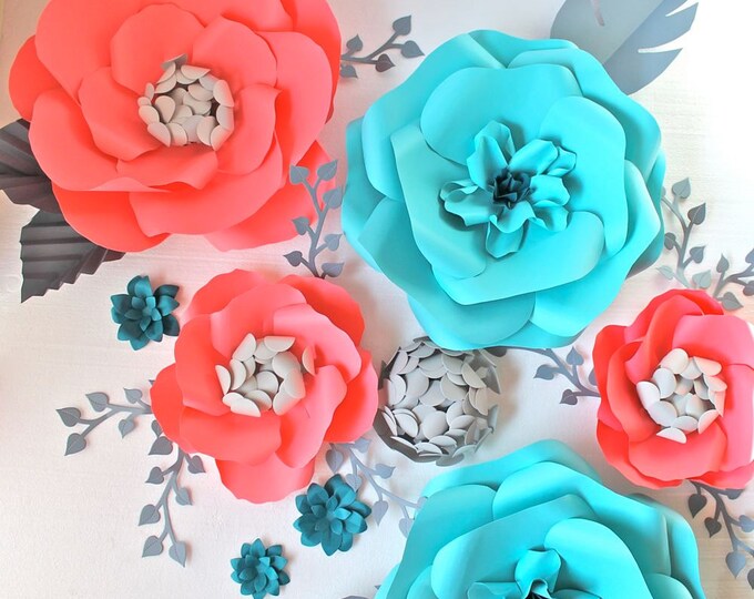 Extra Large Paper Flower Backdrop Teal and Coral Custom Etsy