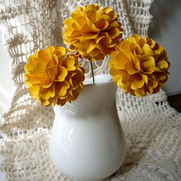 Pom Pom Chrysanthemum - Mustard Yellow - Set of 3 - Stems Included - Handmade Paper Flowers