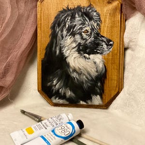 Custom Pet Portrait Oil Painting on Stained Wood Plaque