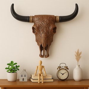 Striking Boho Wall Decor – Handcrafted Wooden Buffalo Skull with Realistic Long Horns | Rustic Western & Farmhouse Skull Wall Art