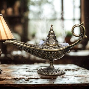 Fantasy Aladdin Magic Lamp Home Decor – Vintage Brass Genie Lamp with Smoke Effect | Arabian Nights Home Decoration | Mystic Incense Holder