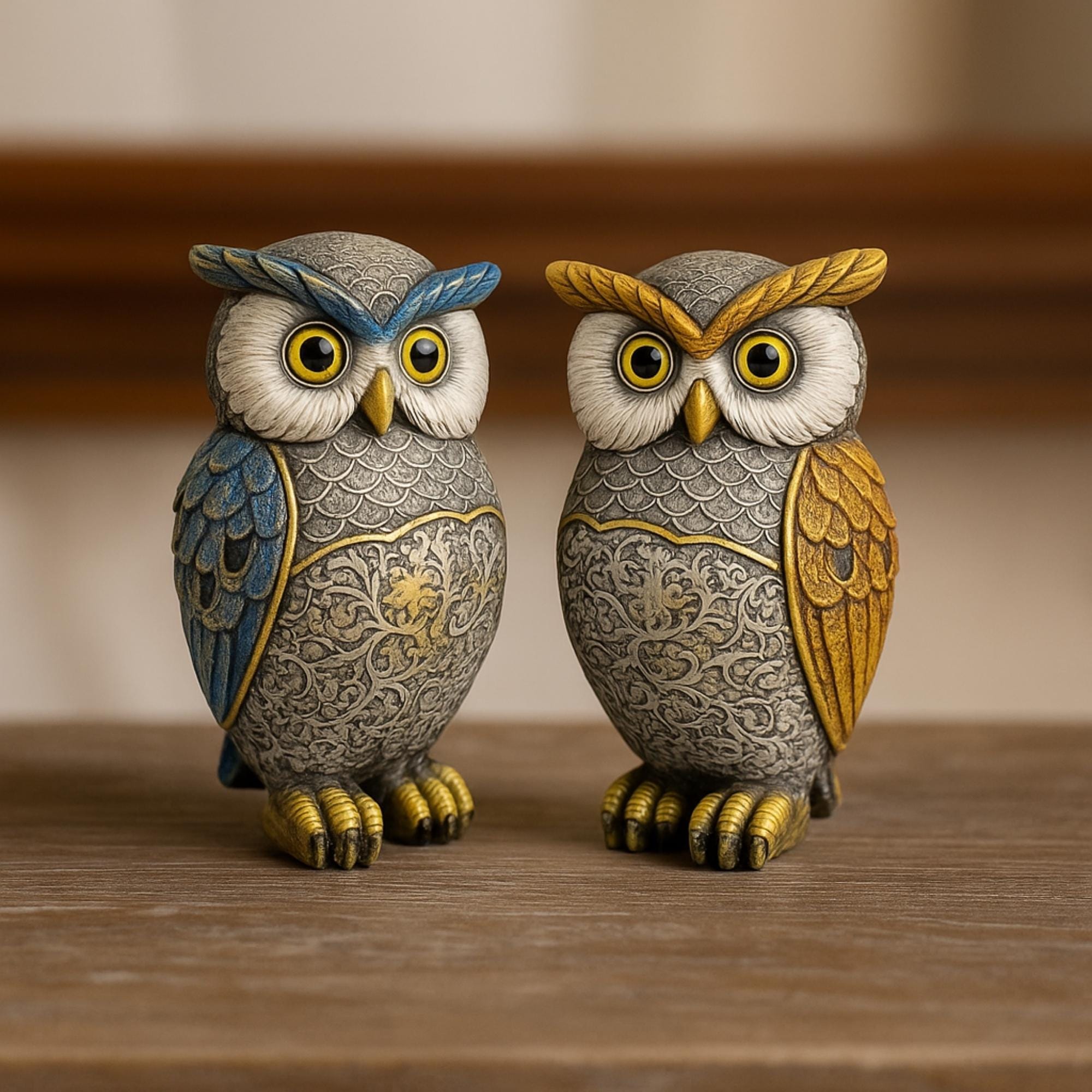 Hand-Painted Twin Owl Figurines – Resin Statues with Glass Crystal Accents