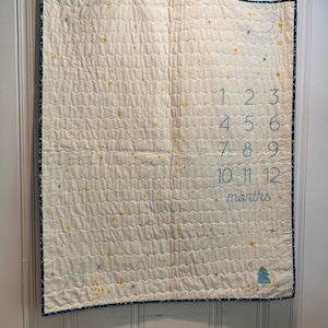 May include: Cream-colored baby milestone quilt with a navy blue border. The quilt features embroidered numbers, stars, a moon, a bunny, and a tree. The numbers 1-12 are embroidered on the quilt, along with the word "months".