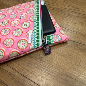 May include: A quilted fabric pouch in pink featuring a repeating pattern of vintage thread spools. The pouch has a green and white geometric trim, a white zipper, and a metal charm shaped like a spool of thread. A black electronic device is inside.
