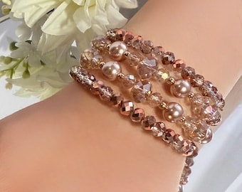 Champagne Crystal & Pearl Glass Beaded Memory Wire Bracelet