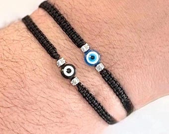 Men's Evil Eye protection macrame bracelet with stainless steel beads.