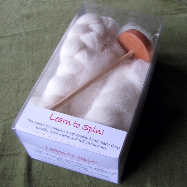 Starter drop spindle pack - quality hand turned spindle with 100g Corriedale wool and instructions