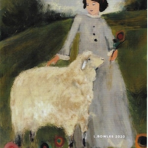 May include: A painting of a woman in a gray dress standing with a white sheep in a field of colorful flowers. The woman is holding a single red flower. The painting is signed "L. BOWLES 2020".