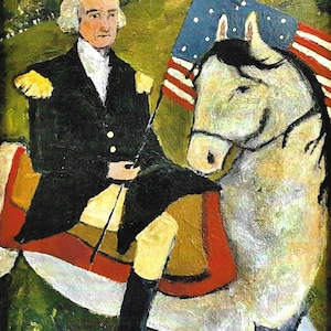 May include: A painting of a man in a black coat and white pants riding a white horse. The man is holding a stick and a red, white, and blue flag is behind him.