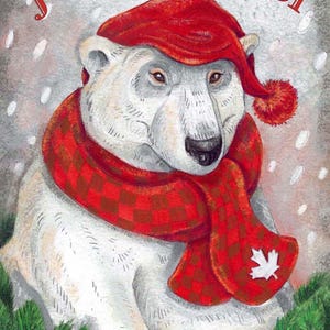 May include: A white polar bear wearing a red and white checkered scarf and a red hat with a white pom-pom. The bear is sitting in a snowy forest with pine trees and pine cones. The text "Joyeux Noël" is written in red and white letters at the top of the image.