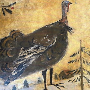 May include: A painting of a brown turkey standing in a snowy landscape. The turkey has a long neck and a large body. The background is a light yellow color with a few small red berries and green leaves.