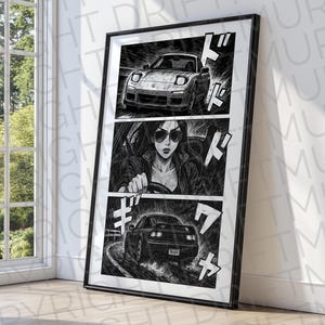 May include: Black and white manga style illustration of a woman driving a car. The car is a Honda NSX and the woman is wearing a black jacket and sunglasses. The text in the image is in Japanese.