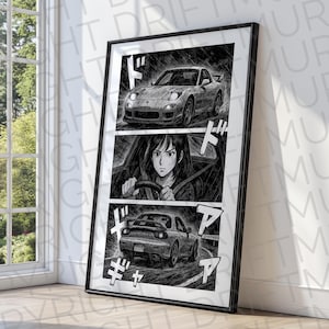 May include: Black and white manga style illustration of a woman driving a red sports car. The car is in the lower right corner of the image. The woman is in the driver's seat and is looking straight ahead. The car is driving on a road with a white line down the middle. The text "ドリフト" is written in Japanese on the left side of the image. The text "ギャ" is written in Japanese on the right side of the image.