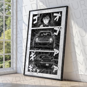 Op de afbeelding: Zwart-witte manga-stijl illustratie van een vrouw die een auto bestuurt. De tekst in de afbeelding luidt "Go!" en "Gya!"