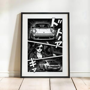 May include: Black and white framed print featuring a manga-style illustration of a silver sports car and a woman driving a similar car. The print includes Japanese text and a dynamic, action-oriented design.