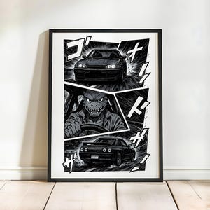 May include: Black and white manga style illustration of a black car driving through a city. The car is surrounded by speed lines and Japanese text. The driver is a monster with sharp teeth and claws.
