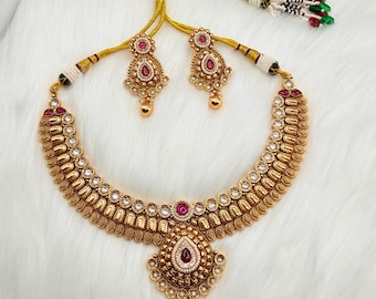 Kundan Bridal Necklace Set • Gold Plated Indian Jewelry, Ruby Red