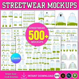 Op de afbeelding: Een verzameling streetwear-mockups, waaronder hoodies, t-shirts en broeken, in verschillende ontwerpen. De afbeelding toont de tekst "STREETWEAR MOCKUPS" en "500+ MOCKUPS". De afmeting van het vel is 27,9 x 21,6 cm.