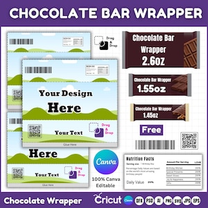 Op de afbeelding: Een printbare sjabloon voor een chocoladeverpakking met een groen en blauw landschapsontwerp. De sjabloon bevat tekstvakken voor "Uw ontwerp hier", "Uw tekst" en "Hier lijmen". De verpakking is verkrijgbaar in drie maten: 2,6 oz, 1,55 oz en 1,45 oz. De sjabloon is 100% bewerkbaar in Canva en kan worden gebruikt met Cricut.