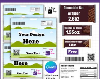 チョコレートバーラップテンプレートバンドル、チョコレートラベルCanvaテンプレート、キャンディーバーラップテンプレート、パーティーの記念品、チョコレートラップテンプレート