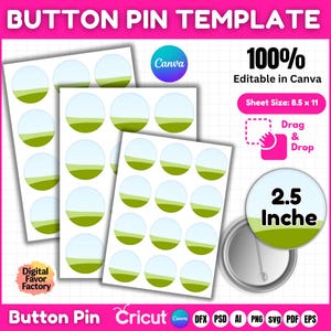 Könnte beinhalten: Button Pin Vorlage mit einem Design aus grünen und blauen Kreisen. Das Bild enthält Blätter mit gedruckten Kreisen, eine 6,35 cm große Button Pin und den Text "100% Editable in Canva". Die Blattgröße beträgt 21,59 x 27,94 cm.