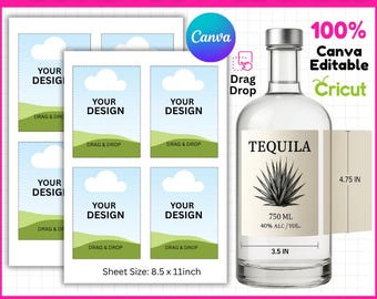 May include: A clear tequila bottle with a silver cap and a label that reads "TEQUILA". The label includes an agave plant illustration and measurements of 3.5 inches and 4.75 inches. Also shown are printable label templates with "YOUR DESIGN" text.