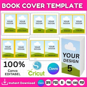 May include: A graphic showcasing book cover templates with the text "YOUR DESIGN" and size dimensions in inches. The image includes a stack of books with the text "YOUR DESIGN" and "5 Sizes". Additional text includes "100% Canva EDITABEL", "Instant Download", and various file type icons.