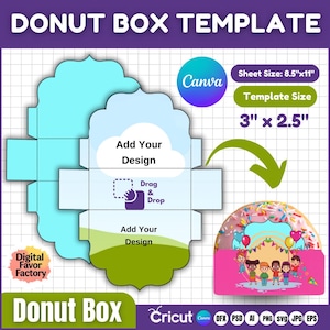 May include: A donut box template with a light blue and green design. The template size is 3" x 2.5" and the sheet size is 8.5" x 11". The design includes the text "Add Your Design" and "Drag & Drop".