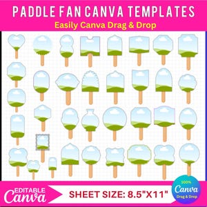 Puede incluir: Colección de plantillas Canva para abanicos en diversas formas, incluyendo corazones y círculos. Cada plantilla presenta un cielo azul claro y un paisaje verde. El tamaño de la hoja es de 21,59 cm x 27,94 cm. El texto dice "Easily Canva Drag & Drop".
