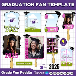 以下が含まれることがあります： 卒業ファンパドルのテンプレートが4つあり、卒業帽、2025年、名前や写真を追加する場所があります。テンプレートはピンク、グリーン、ブルーで、グリッターのアクセントが施されています。シートサイズは8.5インチ×11インチです。