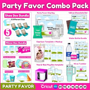 May include: A digital collage of party favor templates for Cricut, Canva, and other design programs. The collage includes templates for shoe boxes, pillow boxes, chip bags, chocolate bars, water bottles, mugs, and tumblers. The templates are in various sizes and feature a variety of designs, including birthday, graduation, and Mother's Day themes.