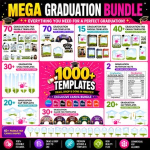 Puede incluir: Un gráfico colorido que anuncia un Mega Paquete de Graduación. El diseño presenta plantillas para abanicos, paletas, estolas, gorras y formas de Canva. Incluye el texto "1000+ Templates" y "Exclusive Canva Bundle".