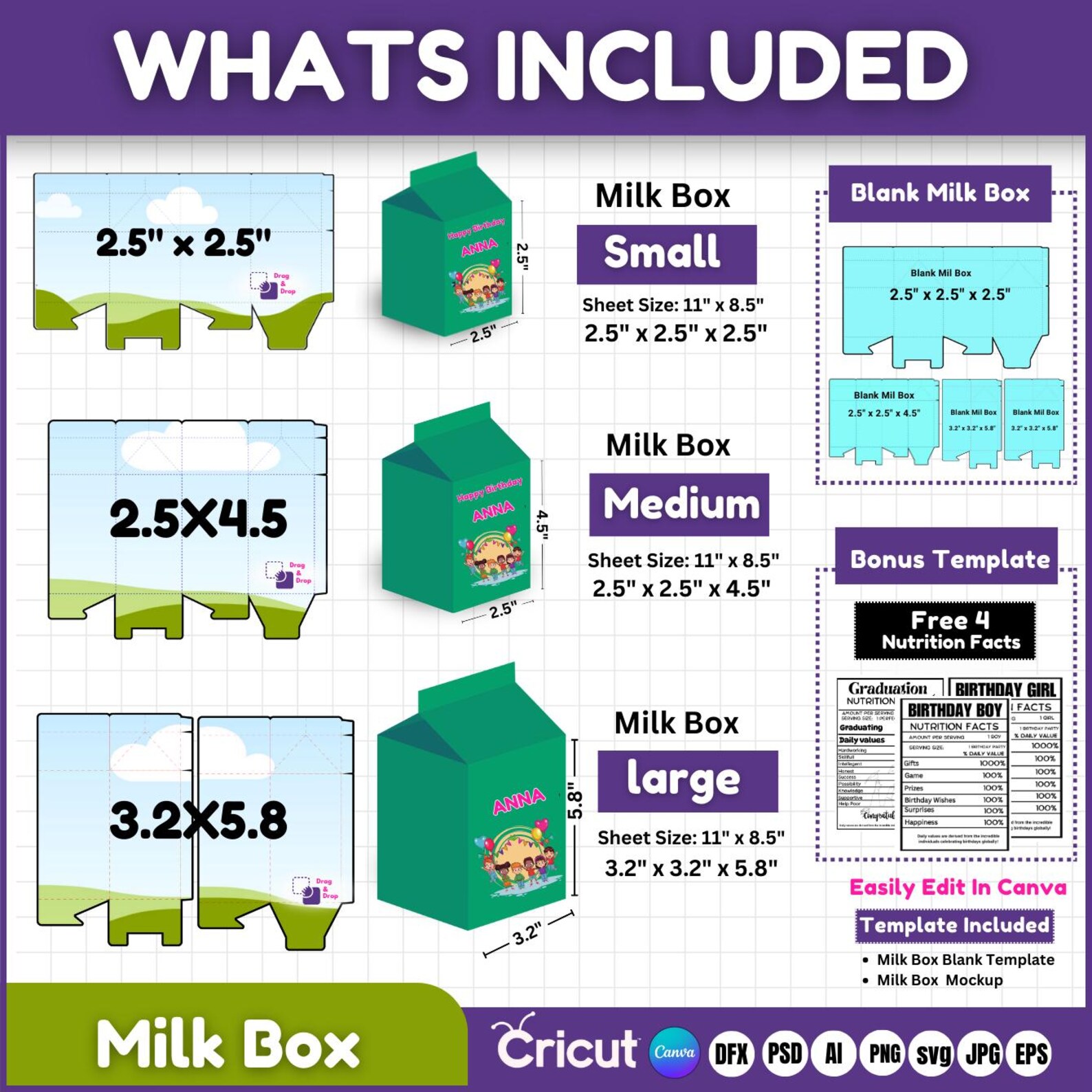 Milk Box Bundle Milk Box Template Bundle Milk Carton Box Template, Gift Box Blank ...