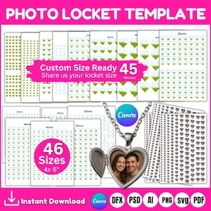 Puede incluir: Una plantilla de medallón de fotos en forma de corazón con una cadena plateada, abierta para revelar la foto de una pareja. La imagen incluye varios tamaños de diseños en forma de corazón y el texto: "Custom Size Ready 45 Minutes" y "46 Sizes 4x 6".